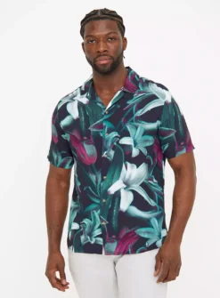 Teal Lily Print Short Sleeve Shirt XL -The Sleek Ward Sales tuc143677633 Teal R Z001A