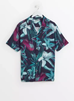 Teal Lily Print Short Sleeve Shirt XL -The Sleek Ward Sales tuc143677633 Teal R Z003A