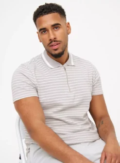 Grey Stripe Textured Zip Polo Shirt M -The Sleek Ward Sales tuc144414835 Grey R Z001A 1