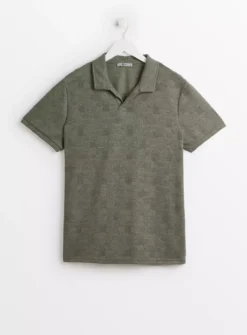 Khaki Notch Neck Textured Polo ShirtM